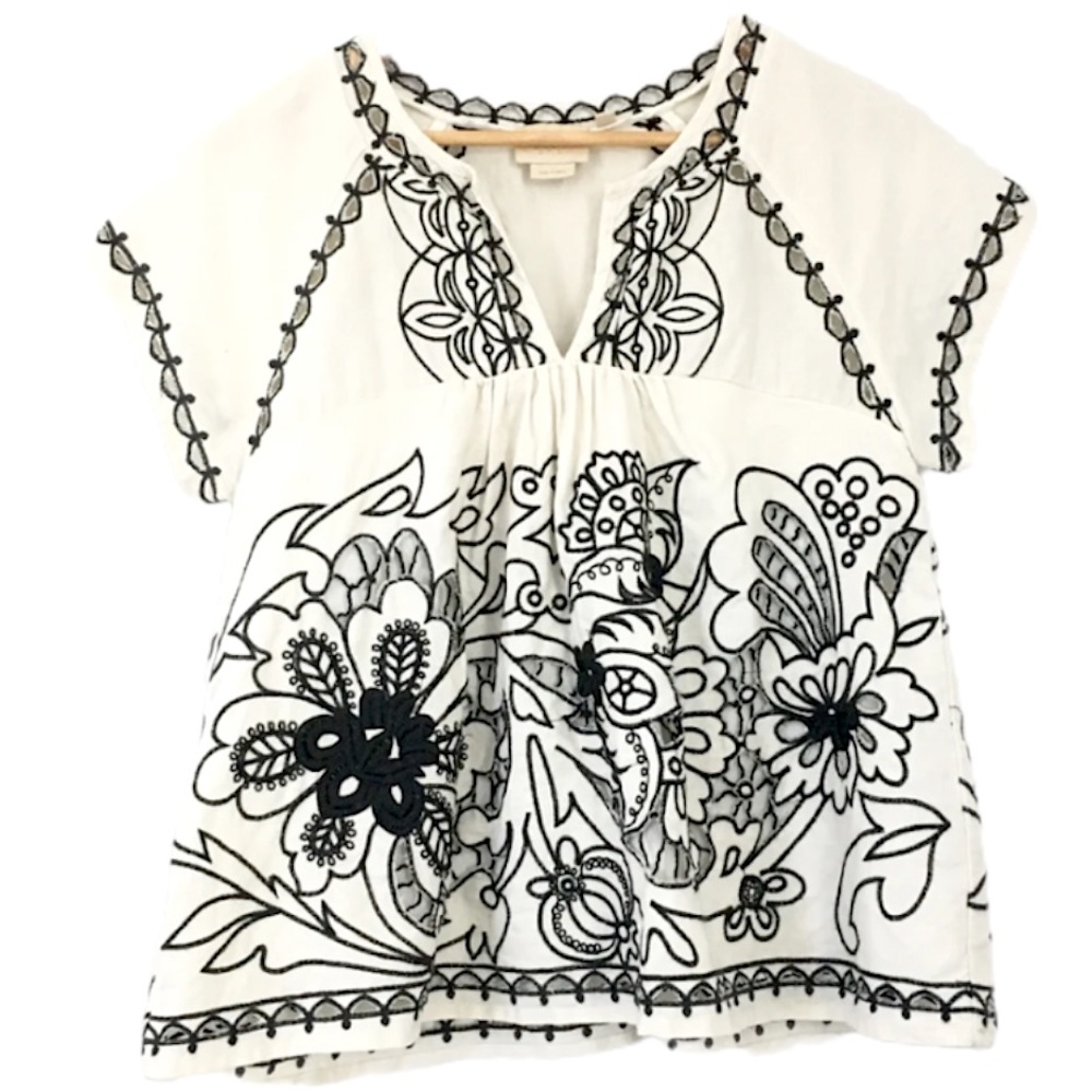 Anthropologie V-neck Embroidery Floral Peasant Top